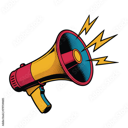 Retro style megaphone broadcasting loud sound waves with energetic lightning bolts illustration