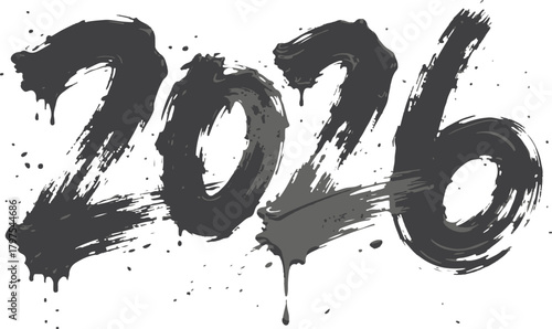 A dramatic, high-contrast brushstroke typography spells '2026' in black ink on white background, conveying energy, creativity, and modern branding suitable for New Year campaigns