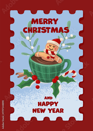 vintage illustration of gingerbread in chocolate cup on a postage stamp