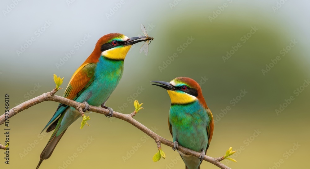 Fototapeta premium Two colorful european bee-eaters perched on a branch in natural habitat