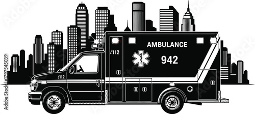 Emergency ambulance vehicle responding to medical crisis in a busy city skyline silhouette