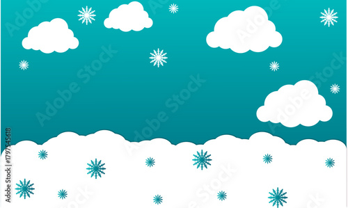 Stylized winter landscape graphic with fluffy clouds and snowflakes falling on snow under a gradient blue sky. Ideal for seasonal backgrounds
