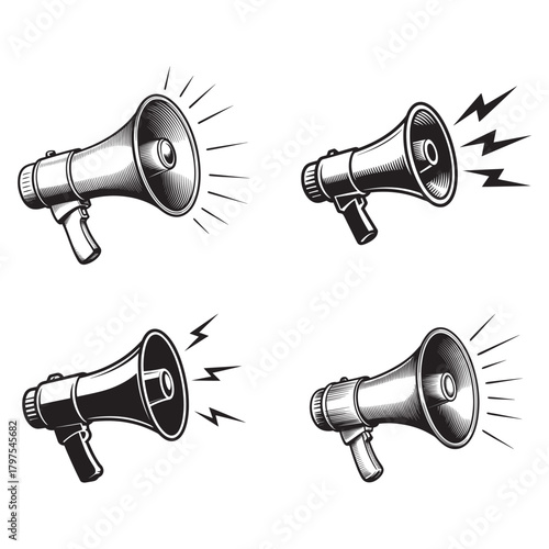 Collection of vintage megaphone illustrations with radiating sound waves and lightning bolts