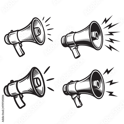 Collection of four vintage style megaphones emitting sound waves and energy bursts