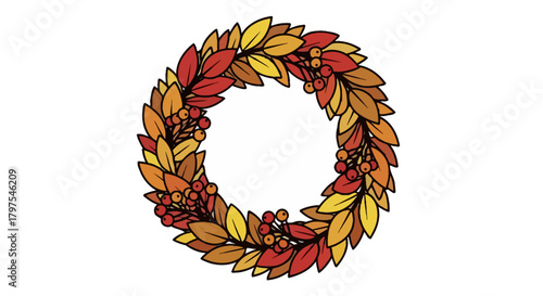 Autumnal Wreath Illustration Celebrating Fall with Colorful Leaves and Berries