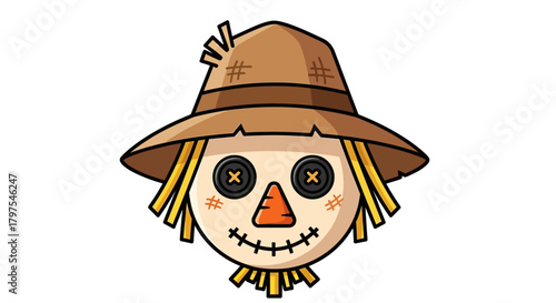 Charming cartoon scarecrow head with a stitched smile and button eyes, a friendly character for autumn, farm, and Halloween themes isolated on a white background