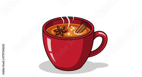 Hot mulled cider or spiced tea in a vibrant red mug, steaming with warmth and garnished with a cinnamon stick and star anise. A cozy autumn and winter beverage icon