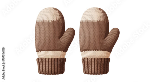 Warm and cozy knitted mittens in a stylish brown and cream color scheme, ideal for winter season activities and protecting hands from the cold