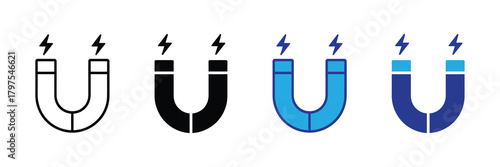 Set of four horseshoe magnet icons with lightning bolts representing magnetic force isolated on white background