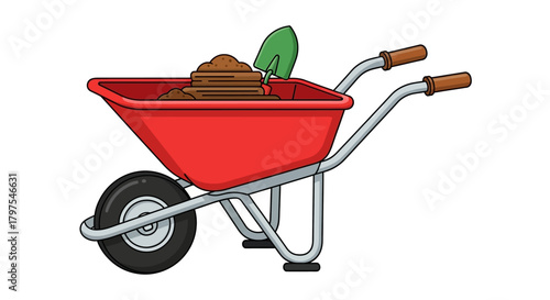 Red Wheelbarrow with Dirt and Trowel Gardening and Landscaping Illustration for Projects