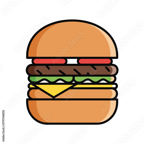 Stylized hamburger with sesame seed bun cheese lettuce and tomato food fast