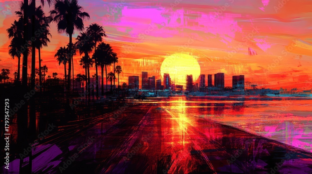 Fototapeta premium Vibrant sunset over city skyline with palm trees and road reflecting sunset colors.