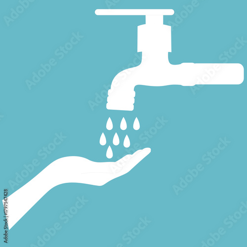 hand washing icon under faucet with water drops, blue background. simple design illustration.