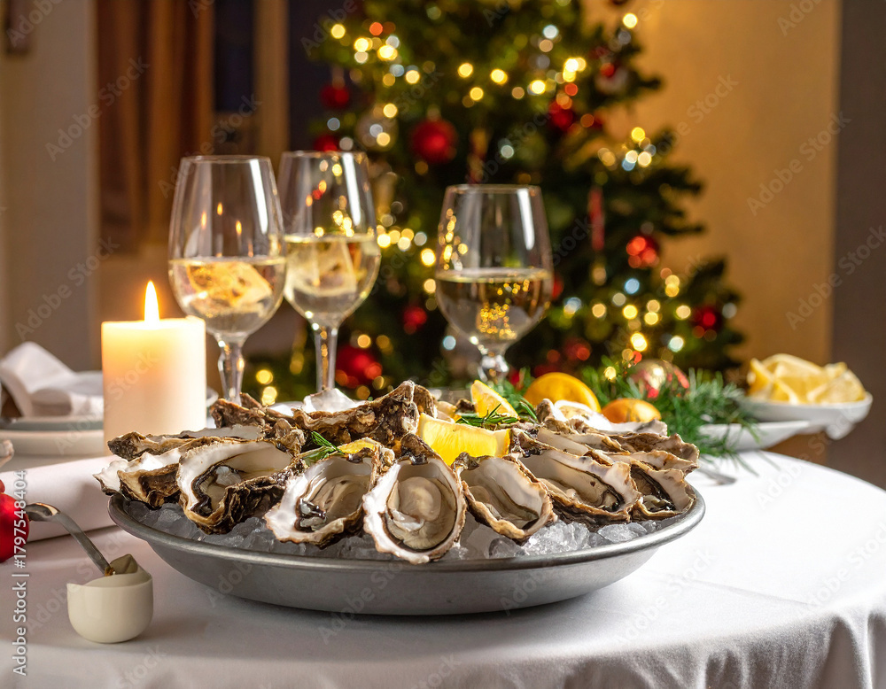 Fototapeta premium Oysters served on a festive table with Christmas tree in the background during a holiday celebration