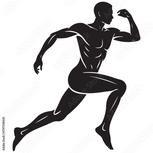 Silhouette of a muscular man running fast, showcasing strength, speed, and athleticism in motion