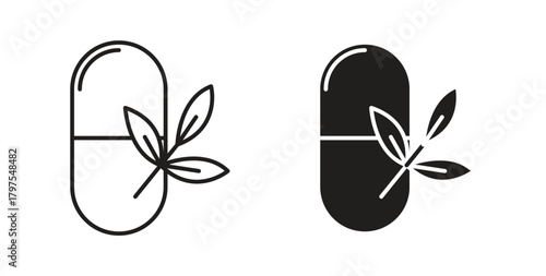Herbal capsule icons with simple flat and thin stroke style
