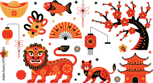 Festive Chinese New Year Illustration Lion, Cat, Pagoda, Lantern, Plum Blossoms, and Gold Ingot