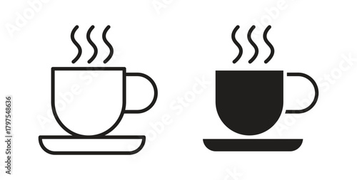 Hot coffee cup icons with simple flat and thin stroke style