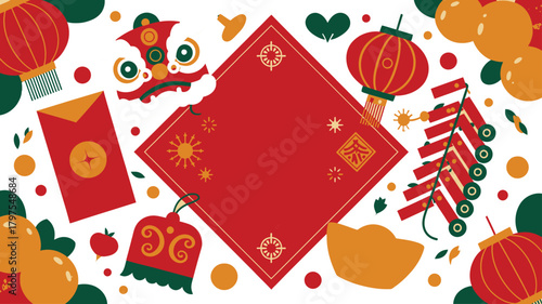 Festive Chinese New Year Illustration Red Envelope, Lanterns, Lion Dance, and Gold Ingot