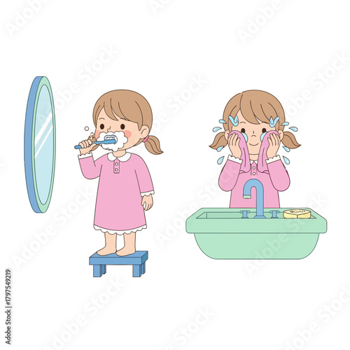 Young cartoon girl in a pink nightgown brushing her teeth and washing her face as part of a daily routine.