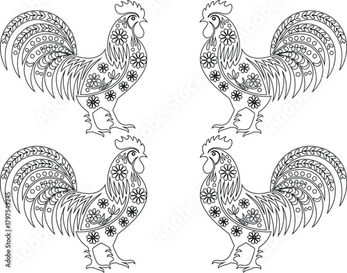 Four Outlined Roosters Decorated with Floral and Geometric Patterns, Facing Each Other Symmetrically