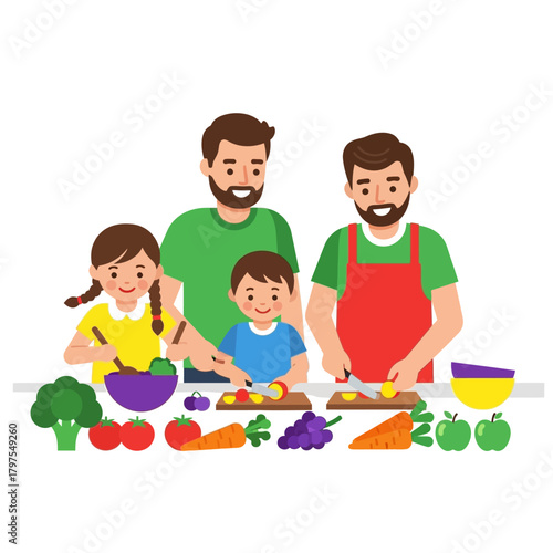 A happy gay family with two fathers and two children cooking a healthy vegetable meal together in a flat vector style.