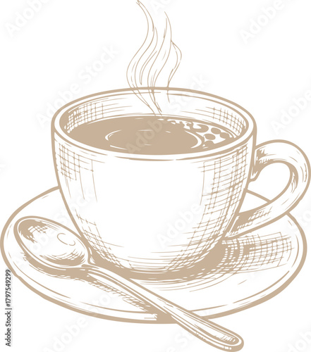 Steaming cup of coffee with spoon on saucer sketch vector illustration