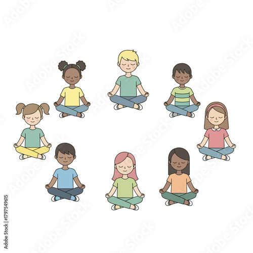 Diverse Group of Children Meditating in Lotus Position, Colorful Clothing, Eyes Closed.