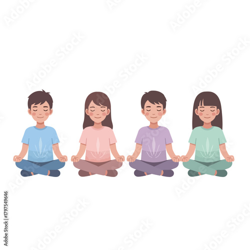 Four Cartoon Children Meditating in Lotus Position with Closed Eyes and Colorful Shirts.