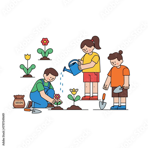 Flat line art illustration of three diverse children happily gardening, planting, and watering colorful flowers.
