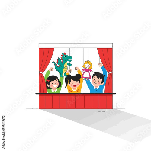 Happy cartoon children performing a puppet show with dragon and doll puppets on a red stage.