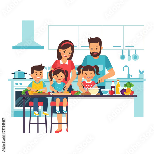 Happy Family Cooking Together in a Modern Kitchen Environment.