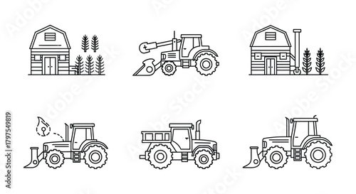 Farm equipment vector icons set agriculture machinery tractors