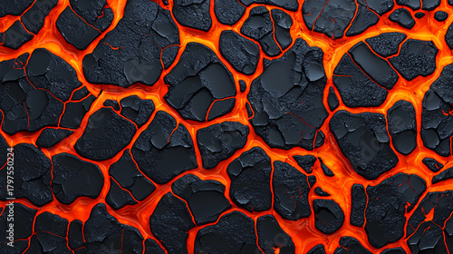 A striking close-up of molten lava, showcasing vibrant orange and black textures that represent volcanic activity and natural phenomena.