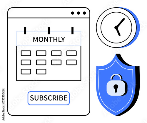 Monthly calendar interface labeled Subscribe, clock symbolizing time, and shield with lock for security. Ideal for subscription, scheduling, planning, privacy, commitment, reliability simple flat