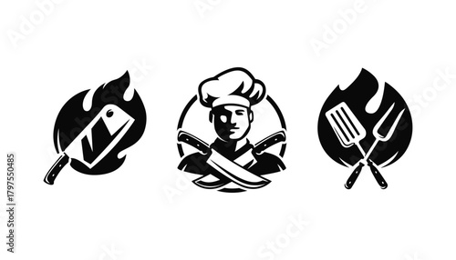 Chef logo design for restaurant and bbq grill vector template