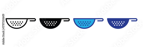 Four different colored strainers or colanders with handles isolated on white background