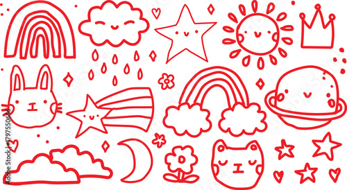 Cute hand drawn celestial elements and animals with rainbows clouds stars sun moon and bunny cat for kids