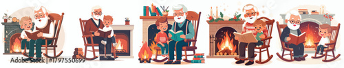 Grandpa reading a fairy tale on Christmas Eve. Vector, design, minimalist, illustrations, icon set