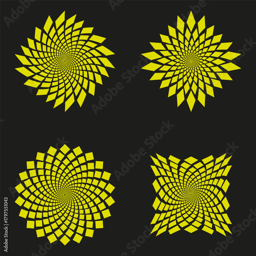 Yellow spiral patterns. Abstract rotating forms. Dynamic sun burst. Vector geometric illustration.