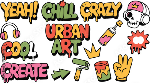 Funky Urban Art Graffiti Sticker Set with Skull and Paint Elements