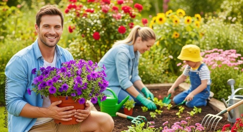 Fototapeta Naklejka Na Ścianę i Meble -  Happy family planting flowers together in a sunny garden creating beautiful memories