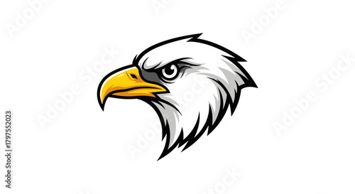 A detailed illustration of a majestic bald eagle's head, showcasing its sharp beak and intense gaze.