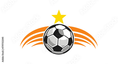 A stylized soccer ball with a yellow star and orange swooshes behind it, symbolizing achievement and victory.