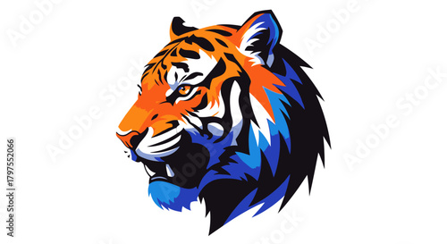 A vibrant illustration of a tiger's head, showcasing intricate details and bold color contrasts.