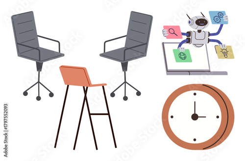 Robot using laptop manipulates colored task cards beside two office chairs, a stool, and a large clock. Ideal for AI, productivity, workplace, innovation, time management, automation teamwork