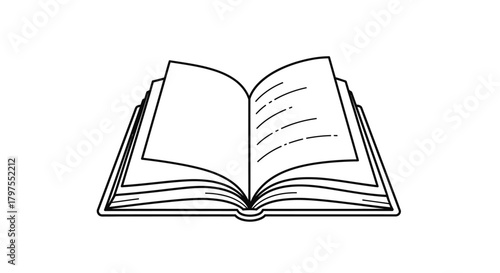 Simple black and white line art illustration of an open book with blank pages and text lines.