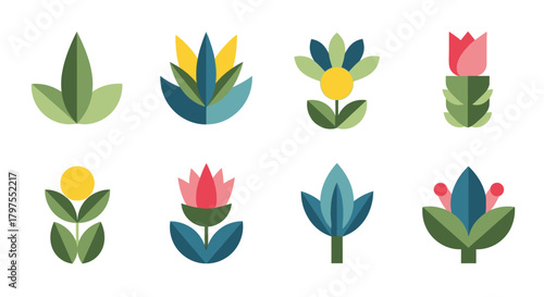 Collection of stylized floral illustrations, featuring various geometric flower designs and leaf arrangements.