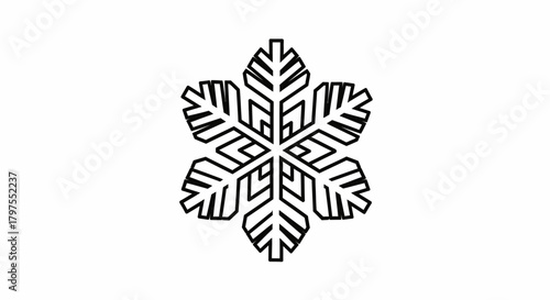 A detailed black and white illustration of a single snowflake with intricate geometric patterns.