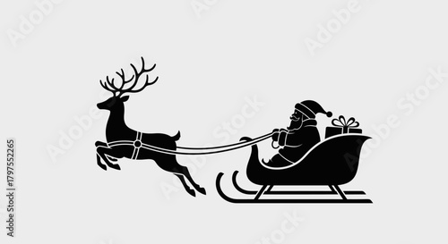 Silhouette of Santa Claus riding a sleigh pulled by a reindeer, carrying gifts, festive holiday scene.